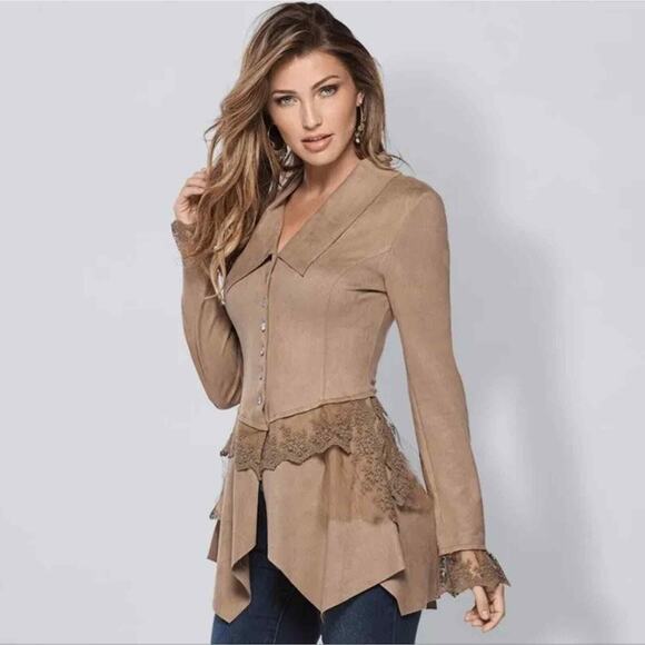 Venus Women's M Brown Suede Lace Mother of Pearl Button Jacket - Picture 2 of 7